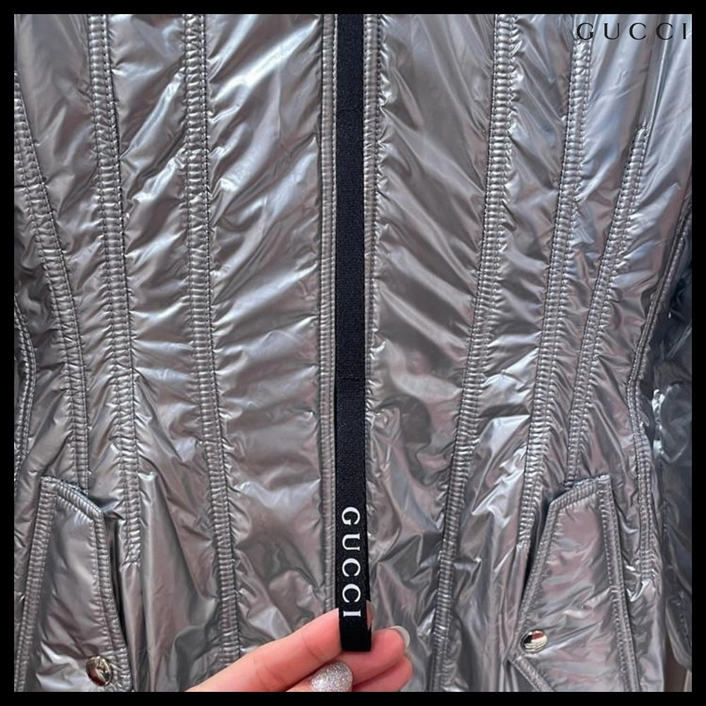 【GUCCI】Web Stripe Metallic Nylon Zip-Up Jacket Silver