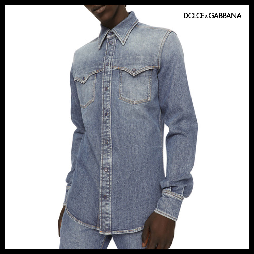 【Dolce & Gabbana】LIGHT BLUE WASH STRETCH DENIM SHIRT