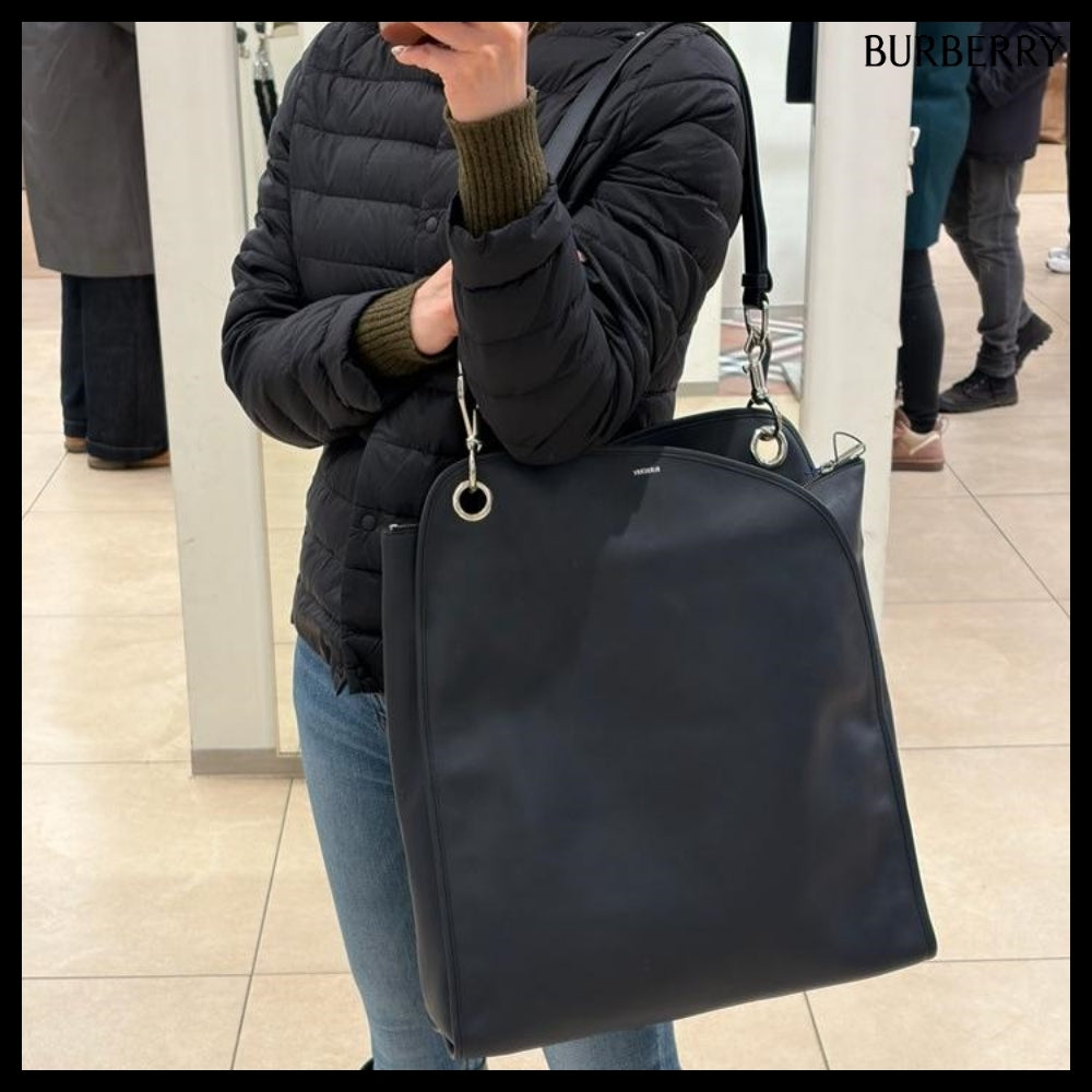 【Burberry】Shield Twin Logo Leather Tote Bag Indigo