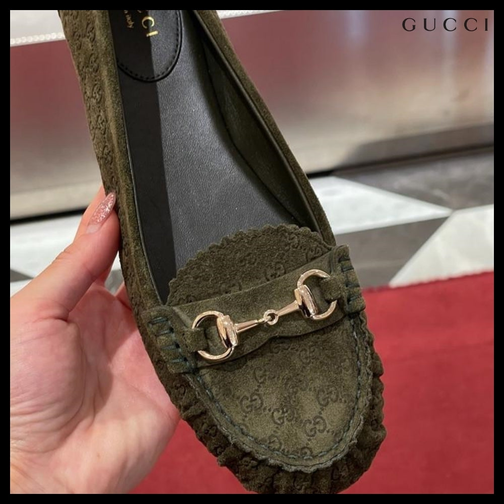 【GUCCI】Kensington GG Horsebit Suede Ballerina Flats Khaki