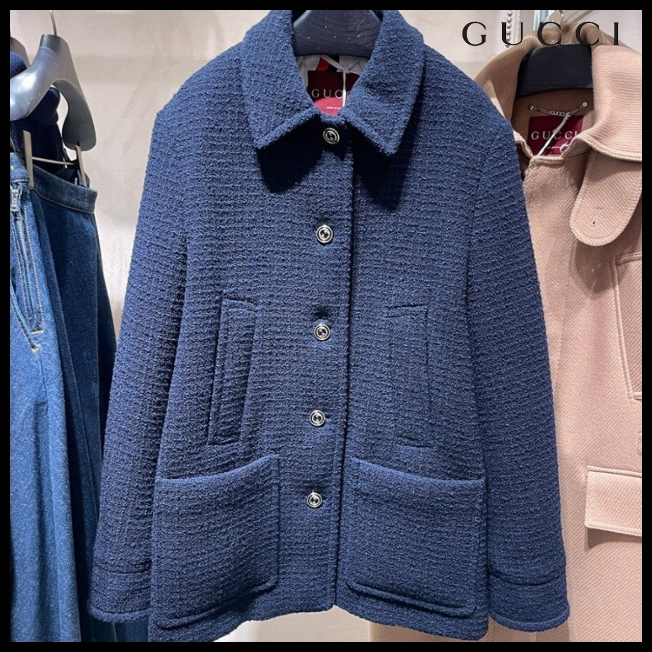 【GUCCI】Wool Blend Boucle Peacoat Jacket Night Sky