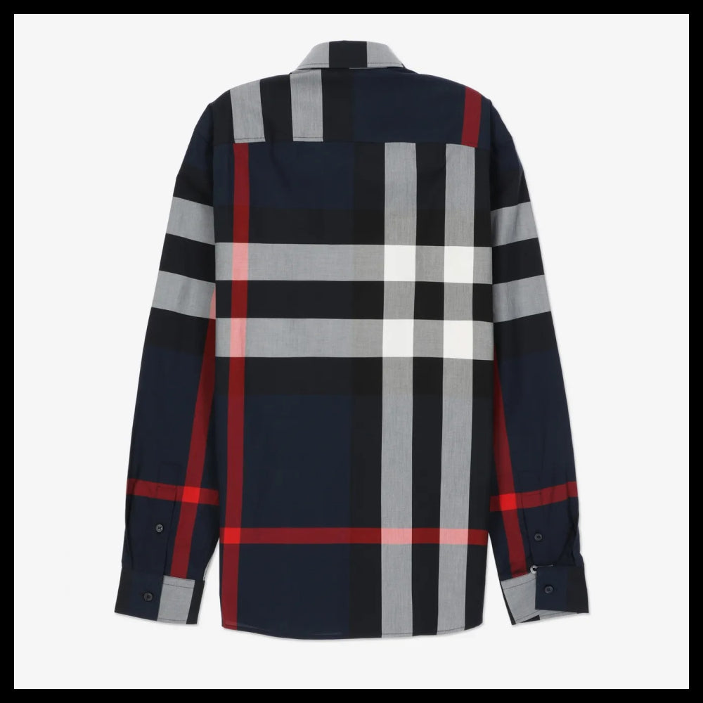 【Burberry】Check Cotton Slim Fit Shirt Navy
