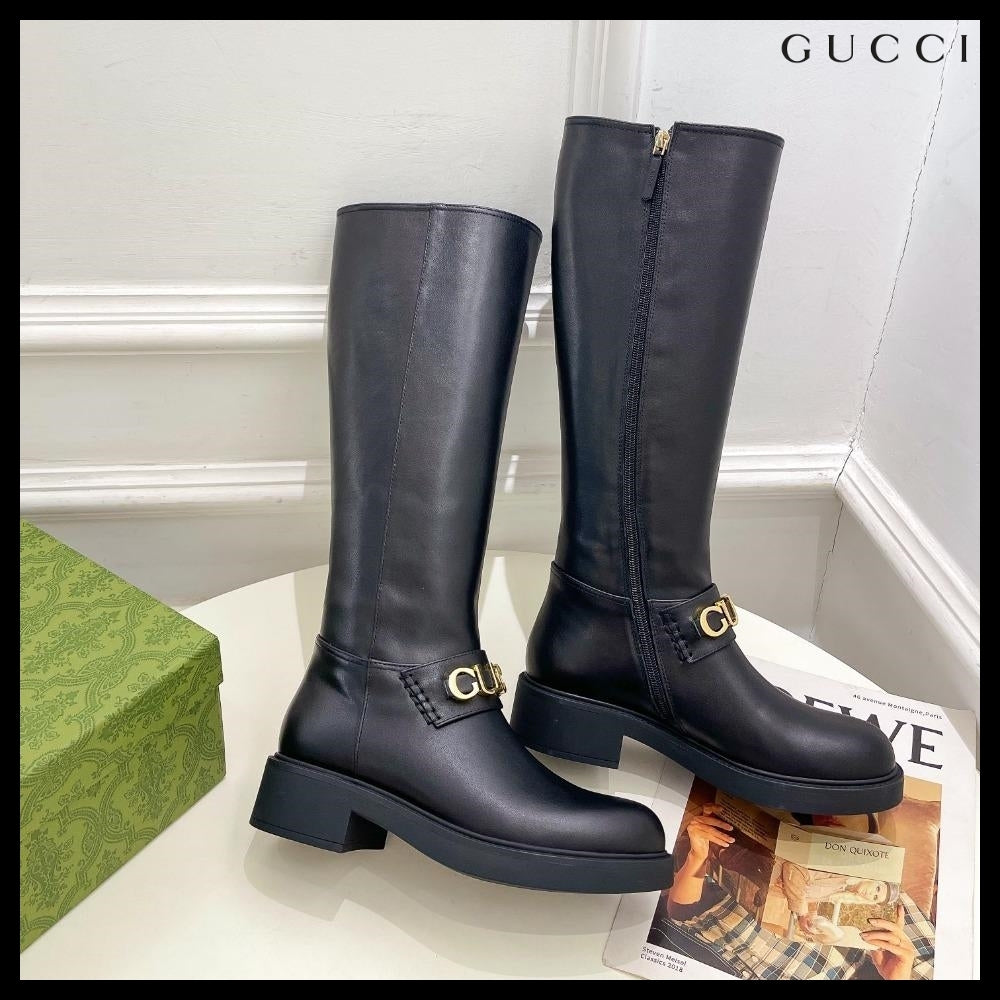 【GUCCI】Metal Logo Leather Zip Women's Long Boots Black