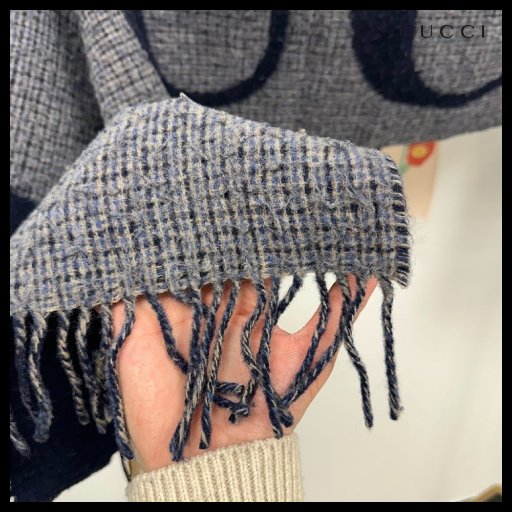 【GUCCI】Logo Jacquard Reversible Wool Blend Scarf Navy Grey