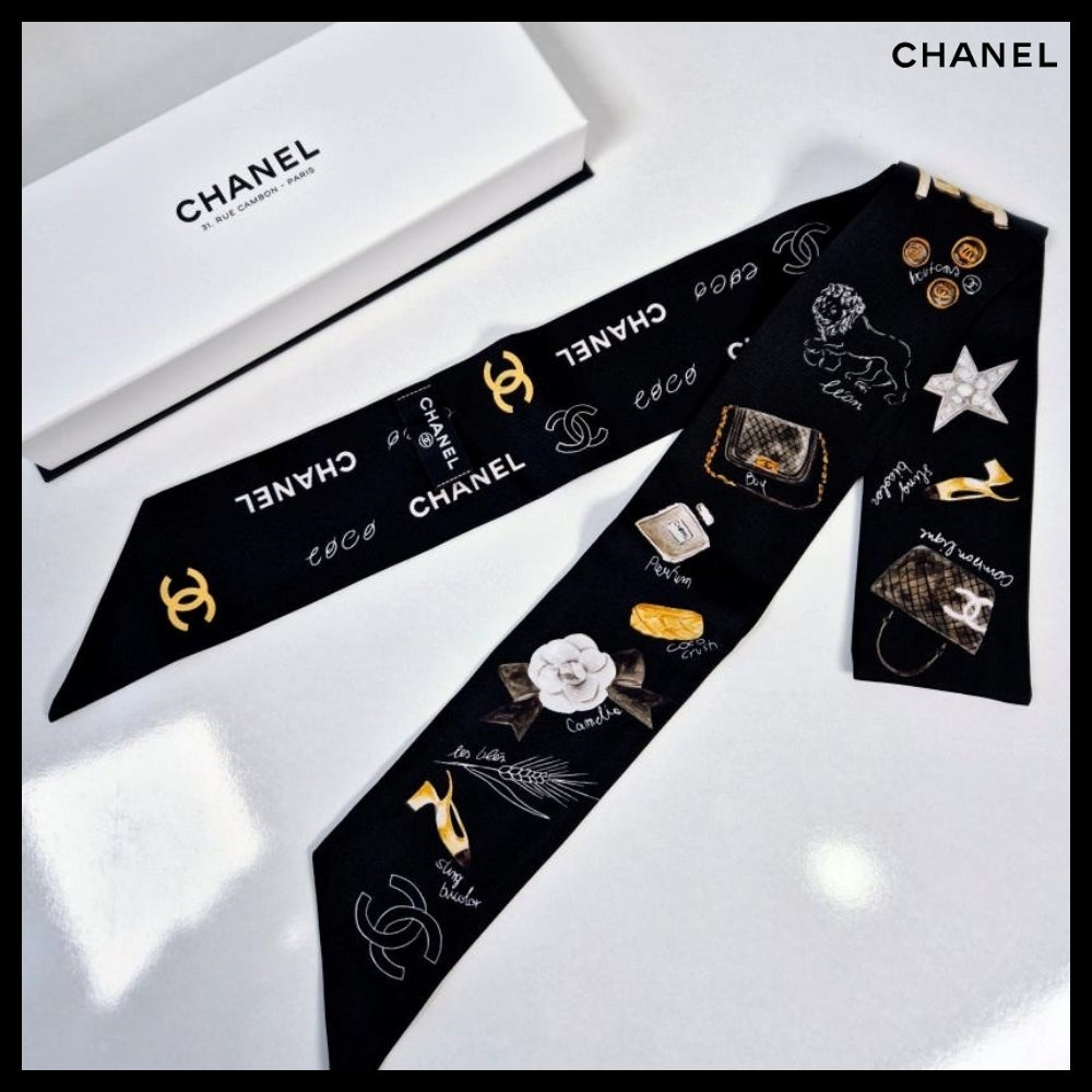【CHANEL】24P CC Logo Signature Printed Silk Twilly Bandeau