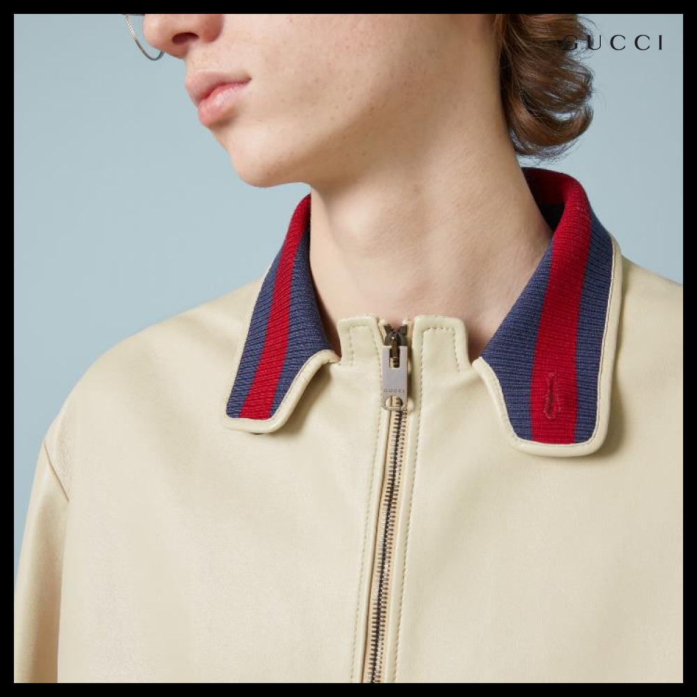 【GUCCI】Leather Bomber Jacket Beige