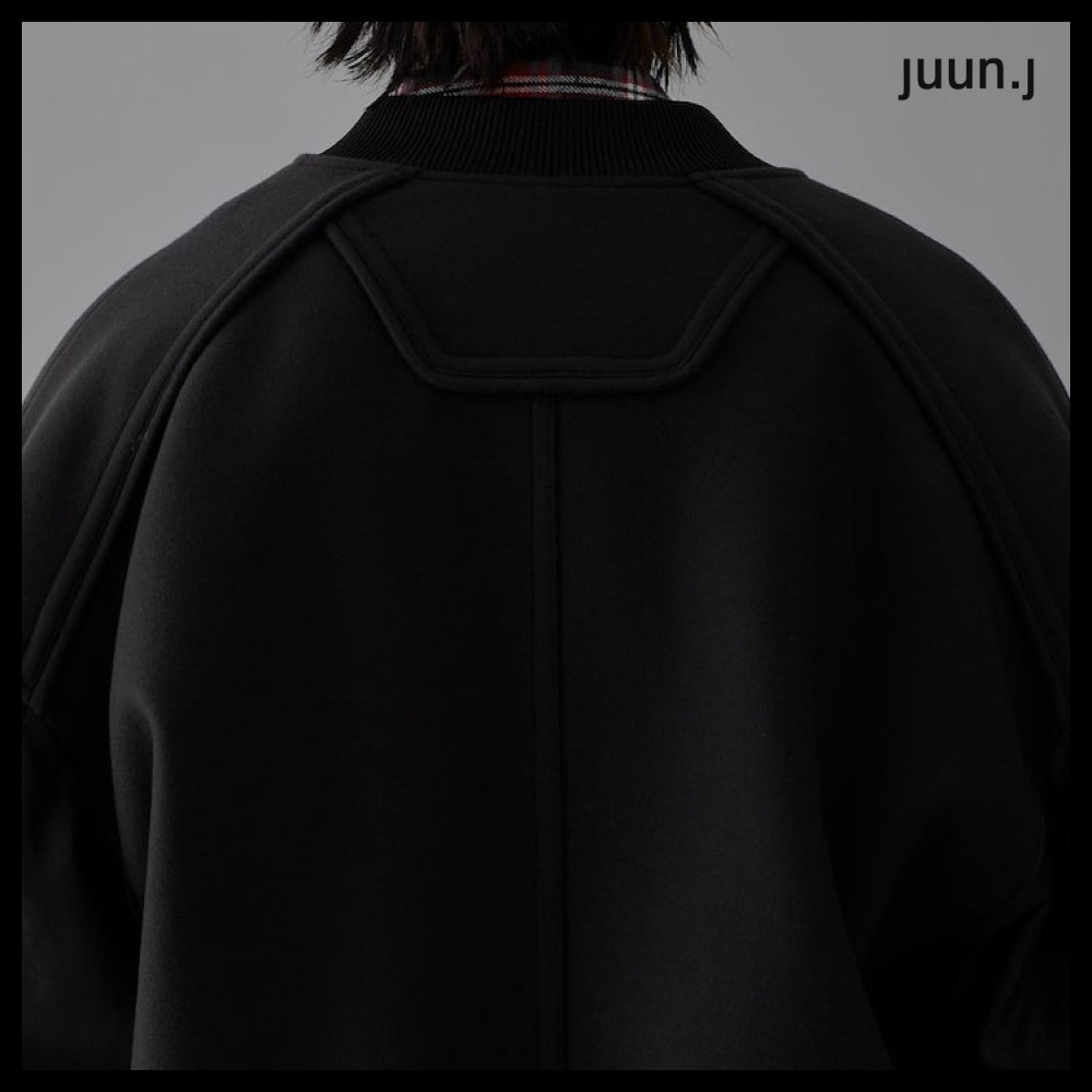 【JUUN.J】Leather Sleeve Varsity Jumper Gray