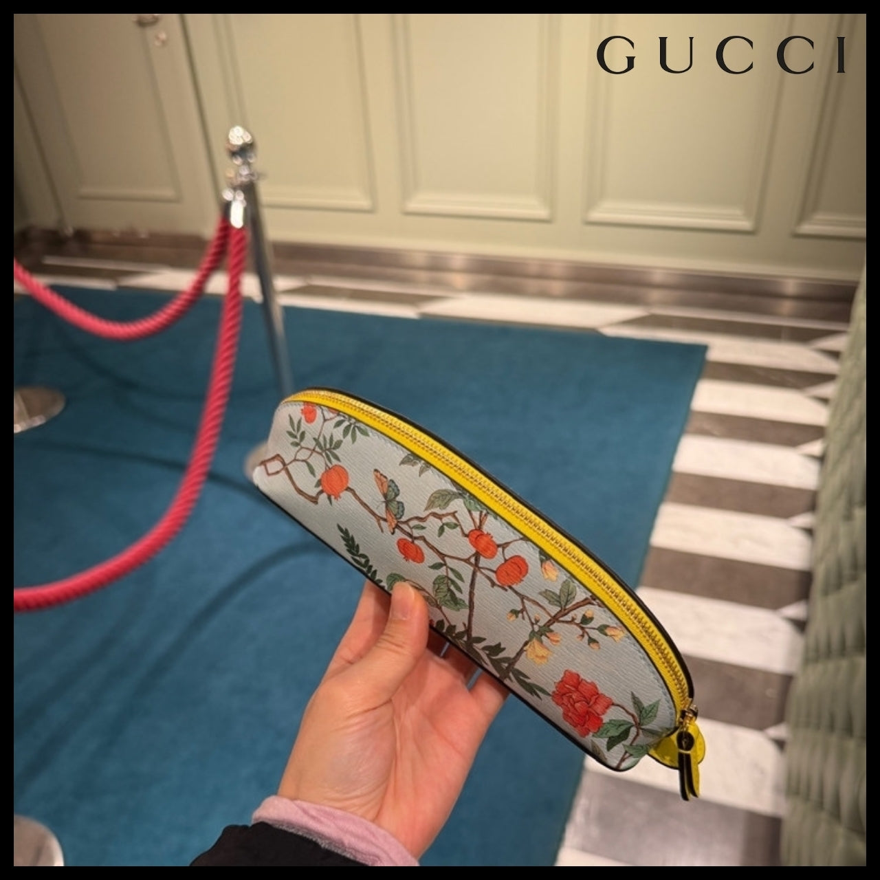 【GUCCI】Tian Flower Calf Leather Pencil Case LIGHT BLUE