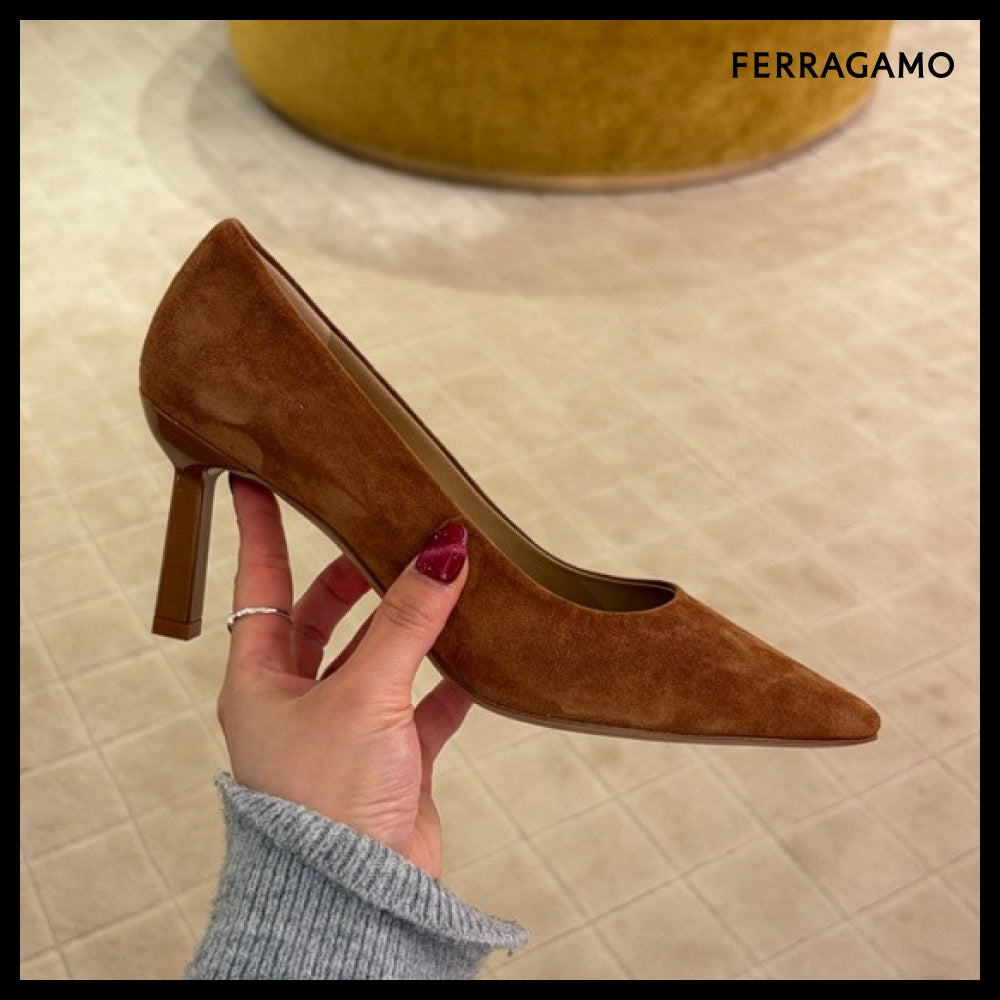 【FERRAGAMO】NEW JUS 70 SUEDE PUMPS BROWN