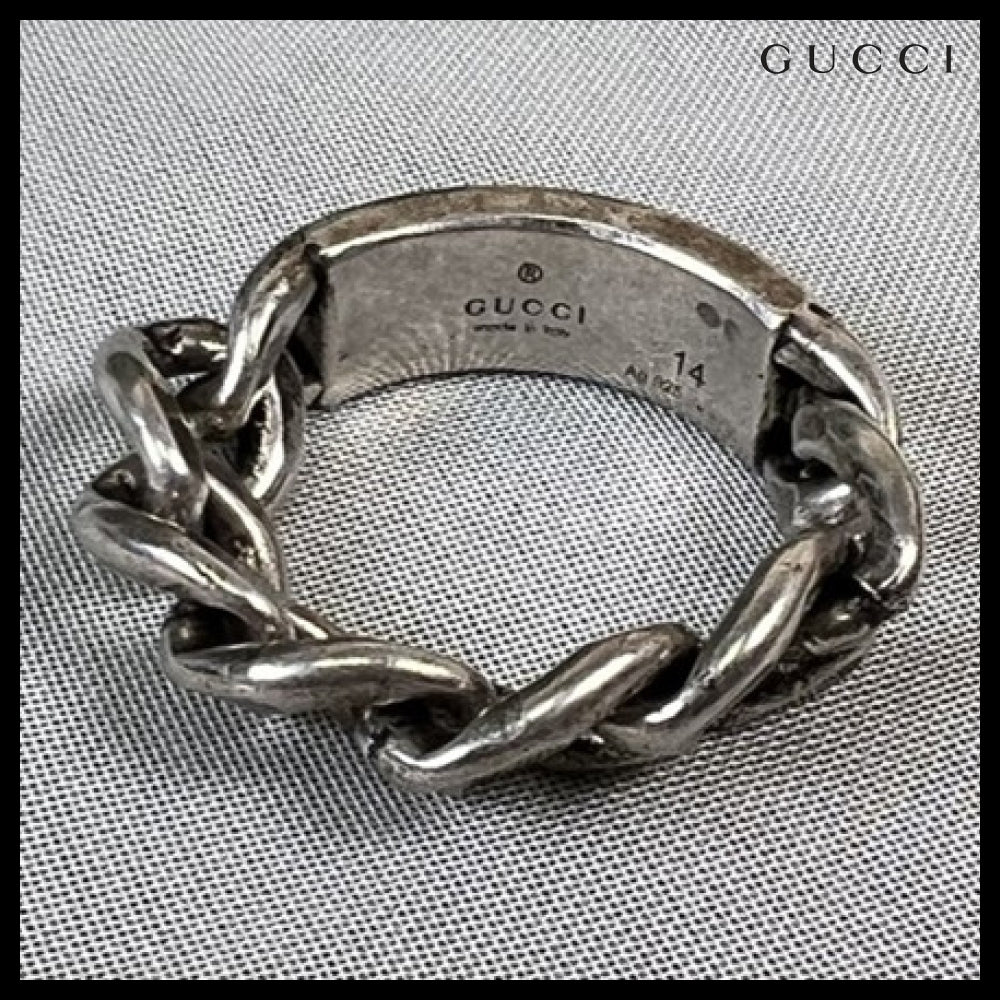 【GUCCI】Logo Enamel Sterling Silver Chain Ring Howlite