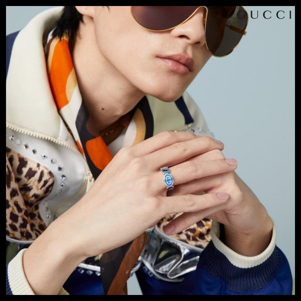 【GUCCI】Interlocking Enamel Silver Ring Blue