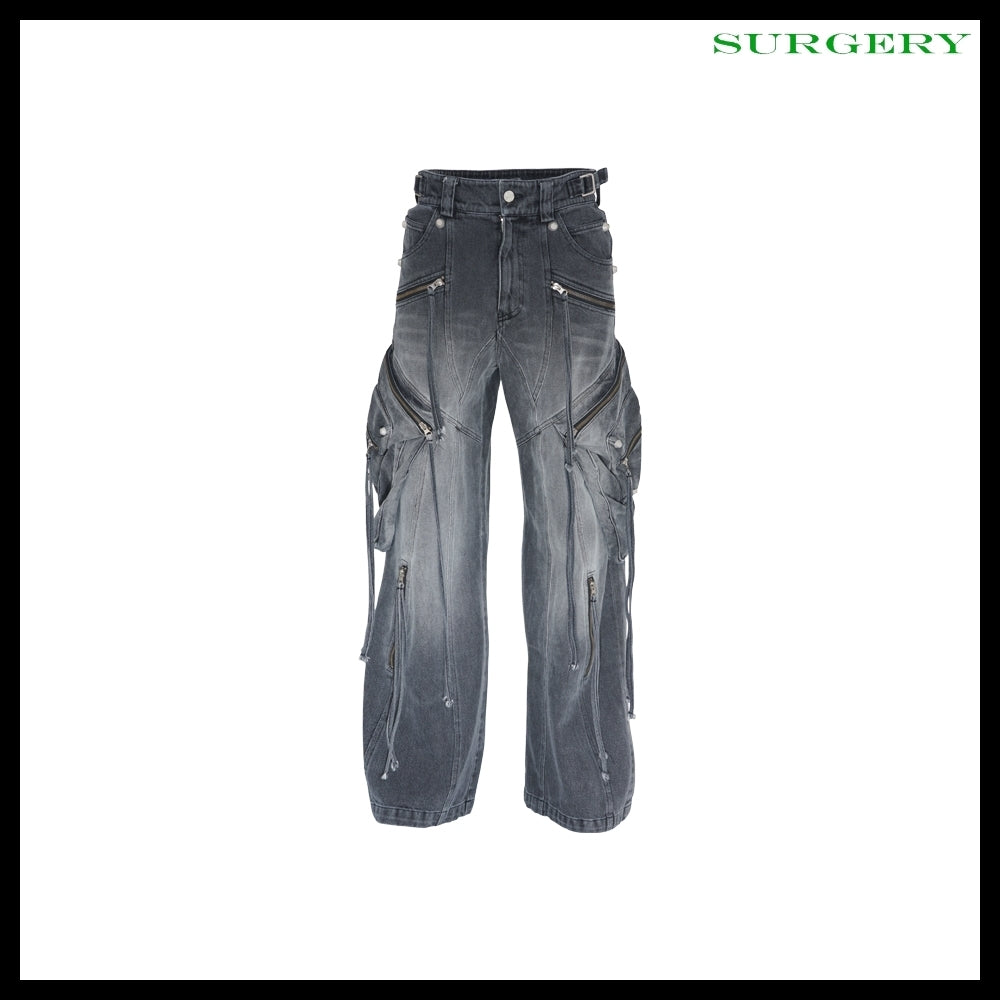 【SURGERY】Oblique Cargo Jeans Black Denim