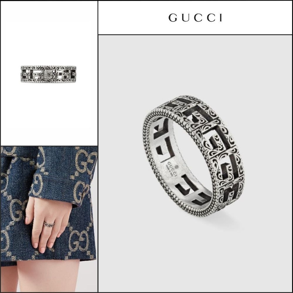 【GUCCI】G Square Sterling Wide Ring SILVER BLACK