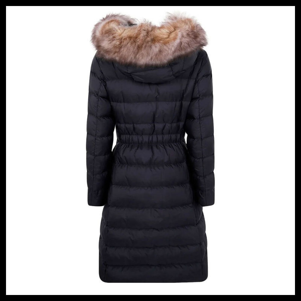 ◆MONCLER◆PATCH LOGO HOODED FUR BELTED LONG DOWN COAT BLACK
