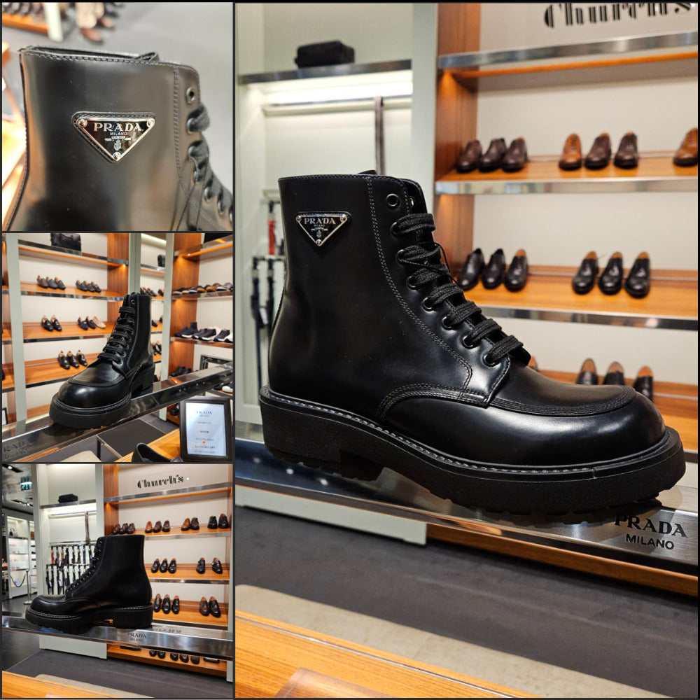 【PRADA】Men’s triangle-logo brushed leather boots black