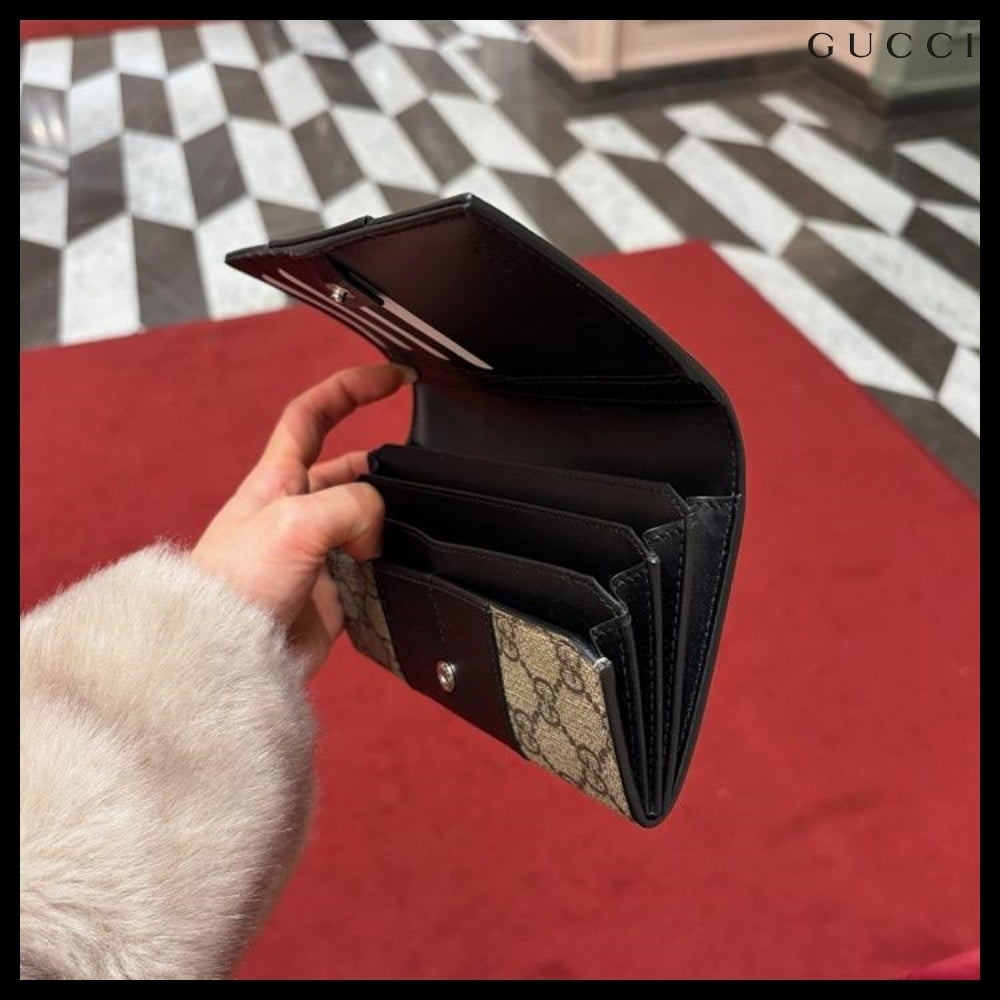 【GUCCI】Supreme Canvas Leather Flap Long Wallet BEIGE BLACK