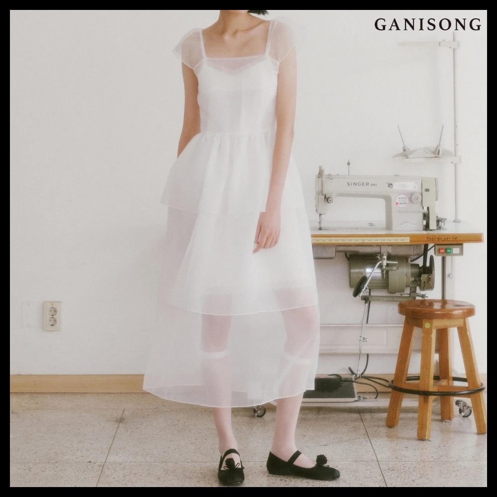 【GANISONG】Bridal Peony Tiered Dress White