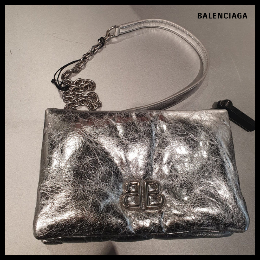 【BALENCIAGA】Monaco Nano Metallic Silver Chain CrossbodyBag
