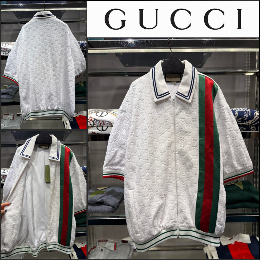 【GUCCI】GG Web Stripe Cotton Terry Short-Sleeve Zip-Up