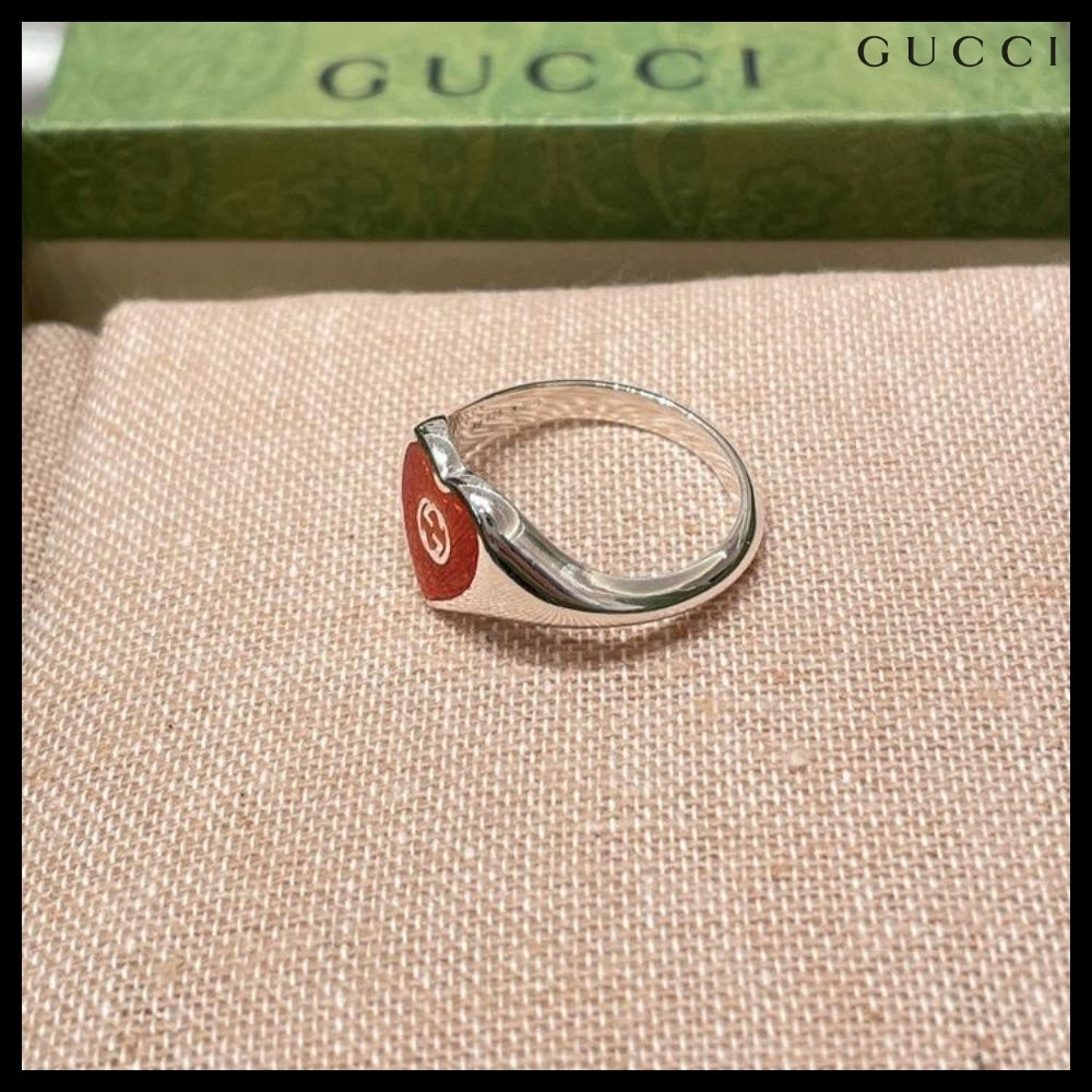 【GUCCI】Interlocking G Enamel Heart Ring Silver Red