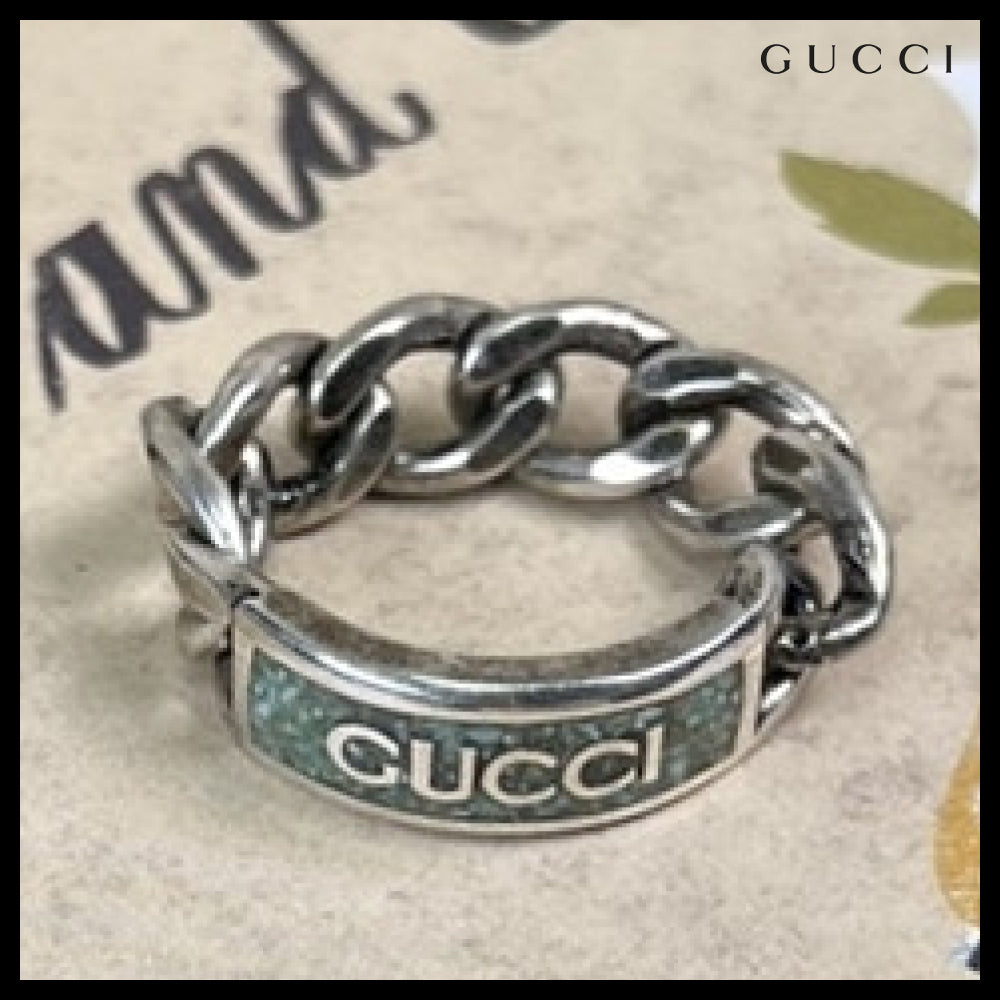 【GUCCI】Logo Enamel Sterling Silver Chain Ring Howlite