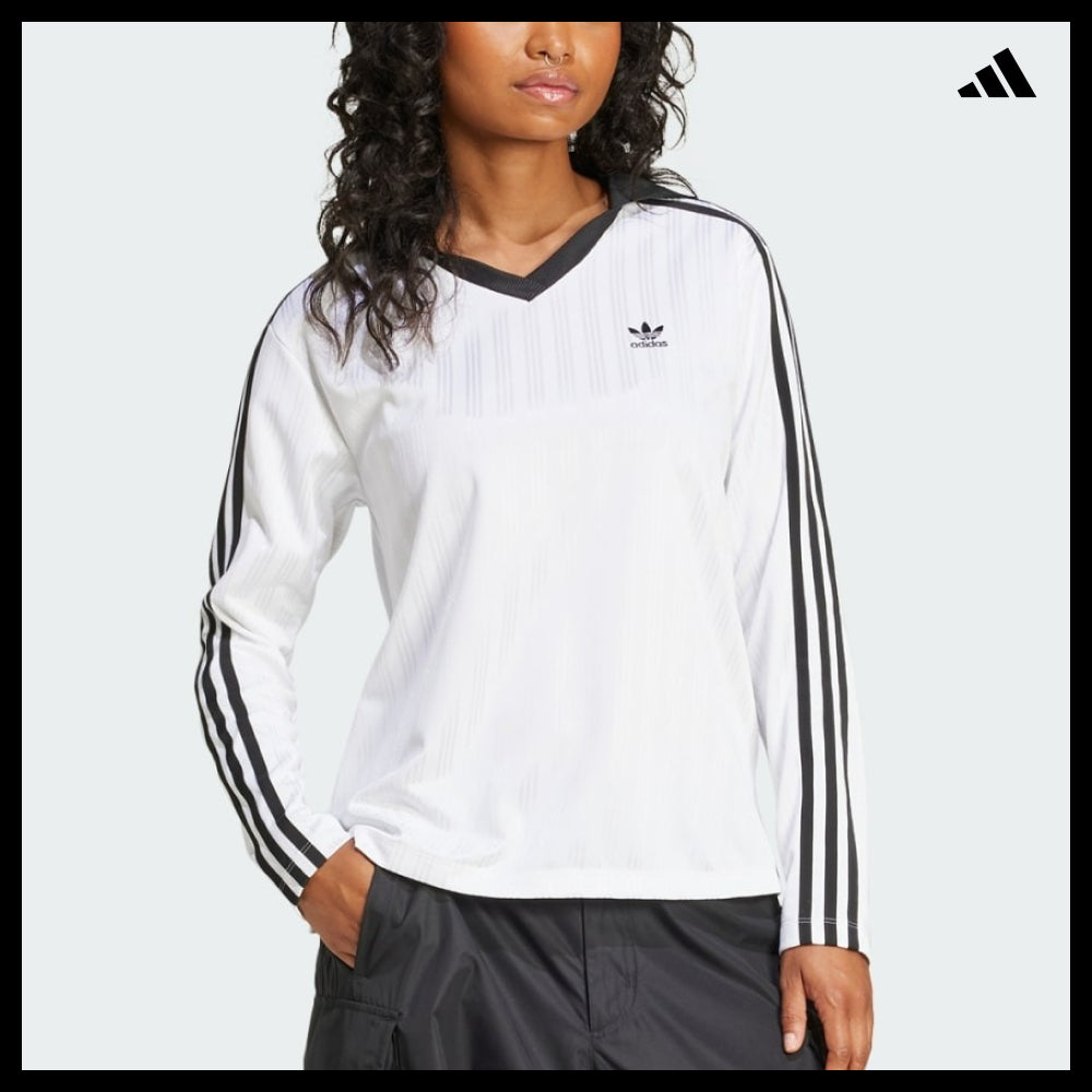 【ADIDAS】Football Jacquard V-Neck Long Sleeve Polo White