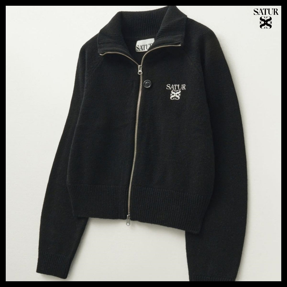 【SATUR】Women's Signature Logo Cashmere Blend Knit Zip-Up