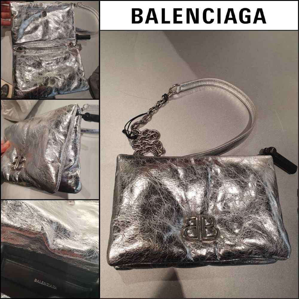 【BALENCIAGA】Monaco Nano Metallic Silver Chain CrossbodyBag