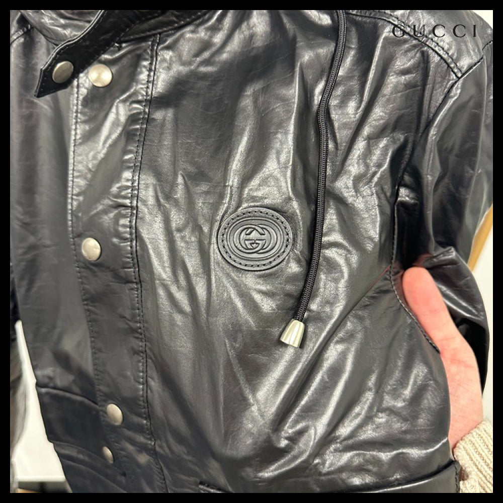 【GUCCI】Interlocking G Calf Leather Hooded Jacket Black