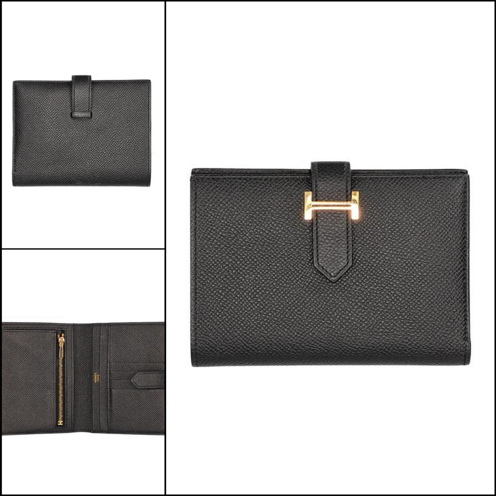 【HERMES】Bearn H Logo Leather Compact Half Wallet Black