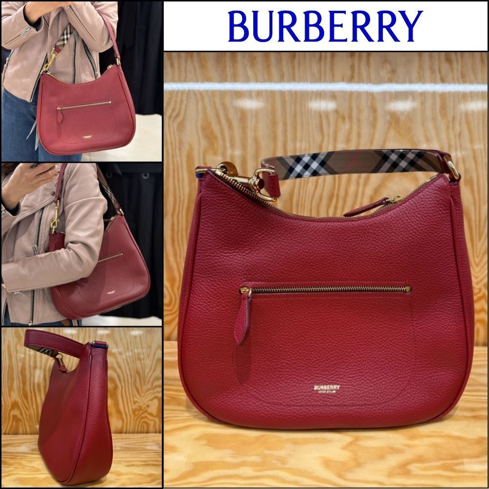 【Burberry】LL Soft Leather Hobo Shoulder Bag Antique Red