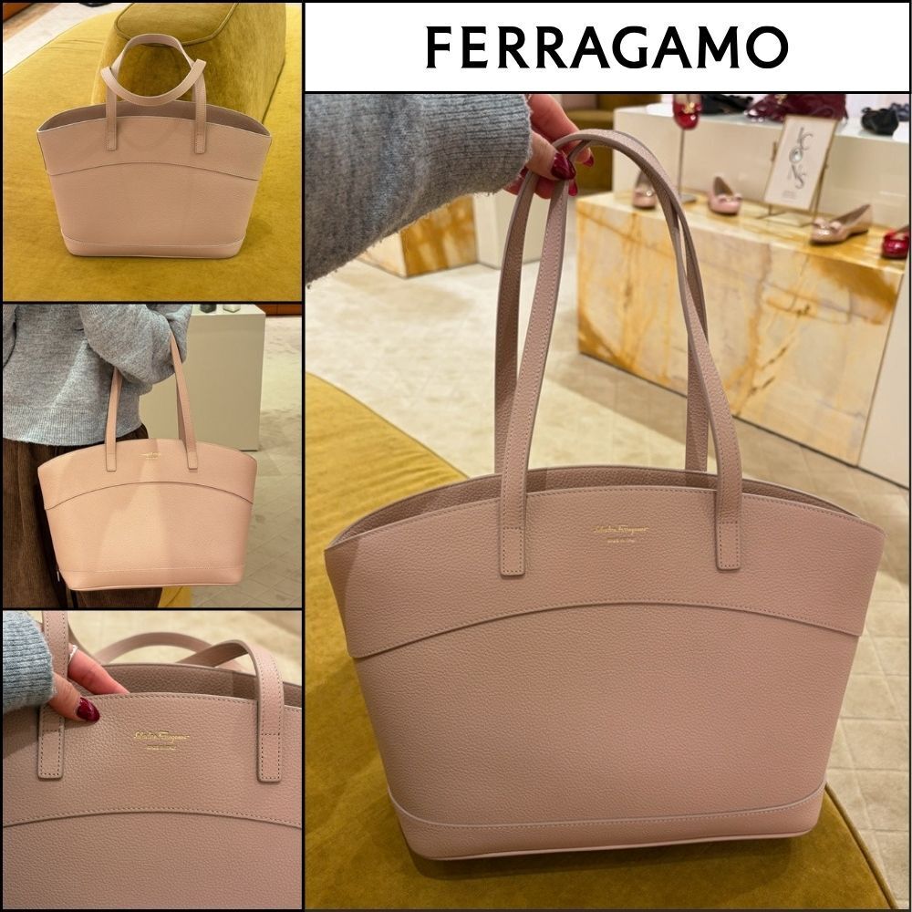 【FERRAGAMO】CHARM LOGO LEATHER MEDIUM TOTE BAG PINK BEIGE