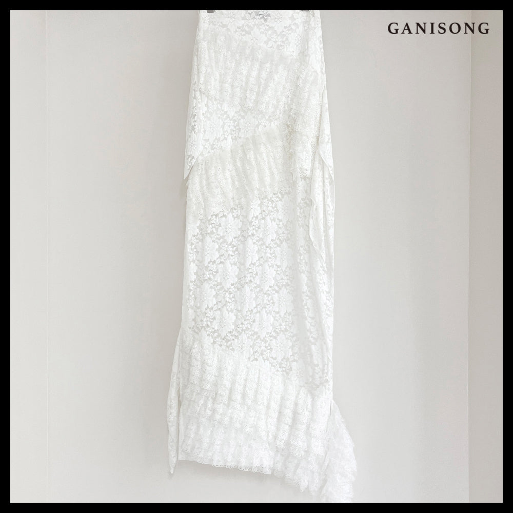 【GANISONG】Bridal Diagonal Lace Two-Piece Dress White