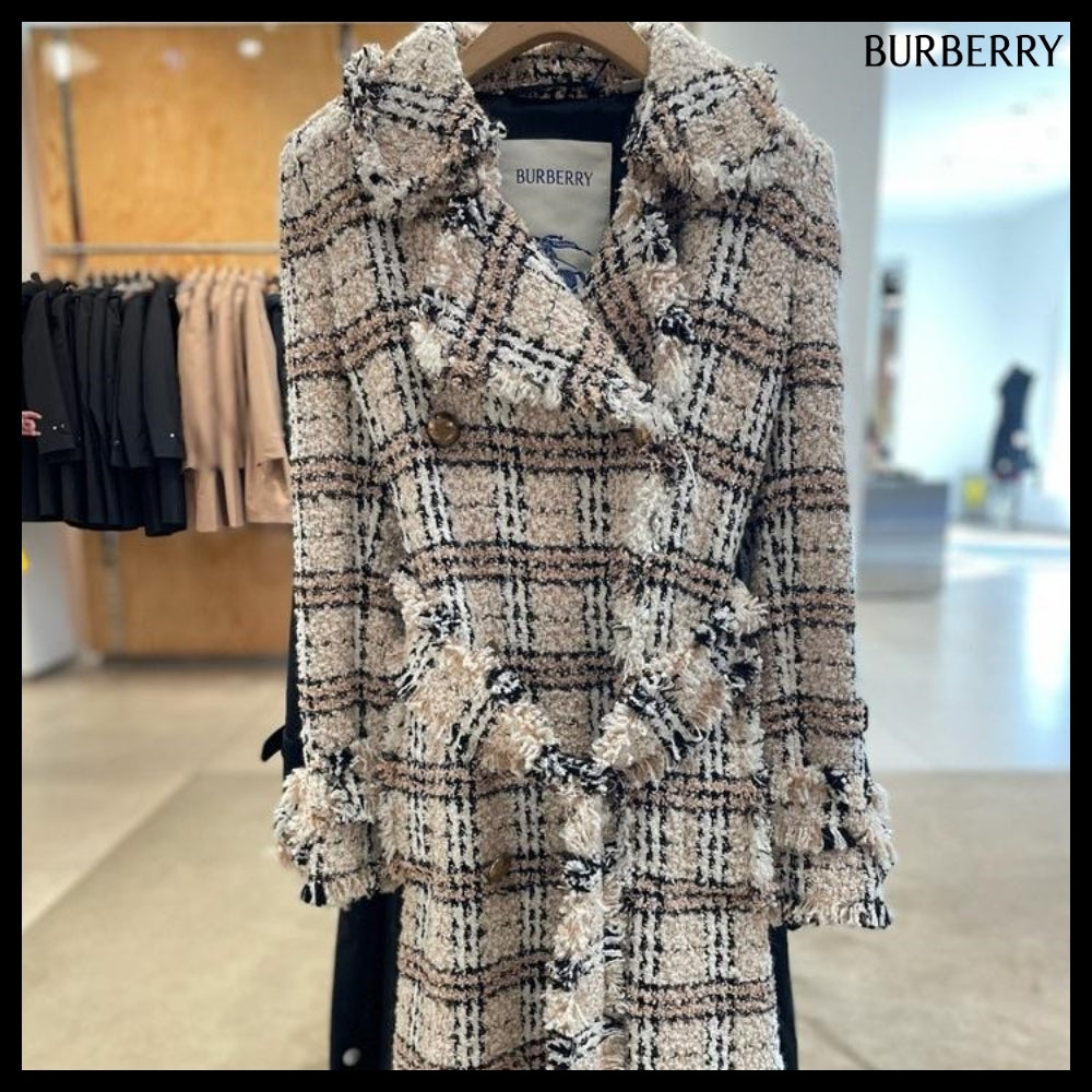【Burberry】Check Boucle Belted Long Coat String Fossil