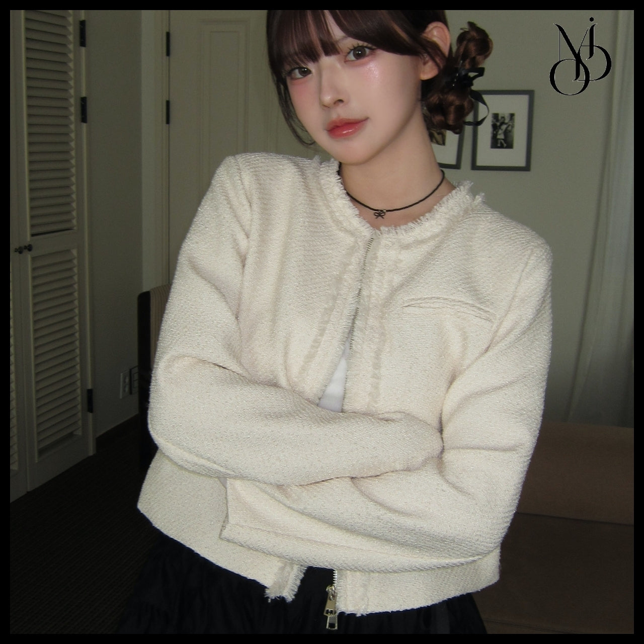 【MODIMOOD】Rudy Round Neck Zip-Up Fringe Tweed Jacket