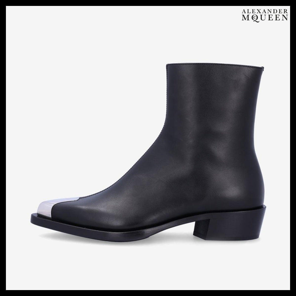 【alexander mcqueen】Punk Metal Toe Cap Ankle Boots Black