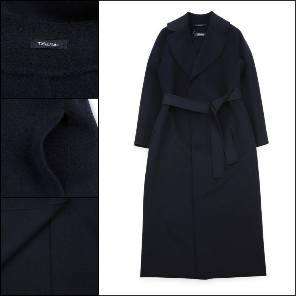 【S Max Mara】 Women Poldo Belted Wool Long Coat Navy