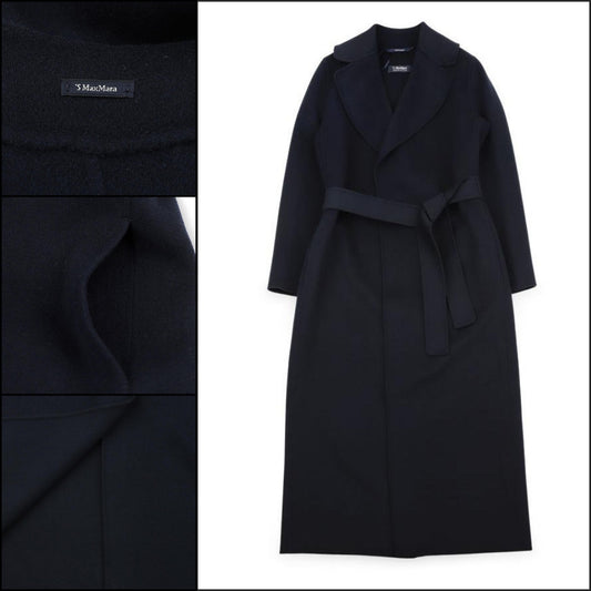 【S Max Mara】 Women Poldo Belted Wool Long Coat Navy
