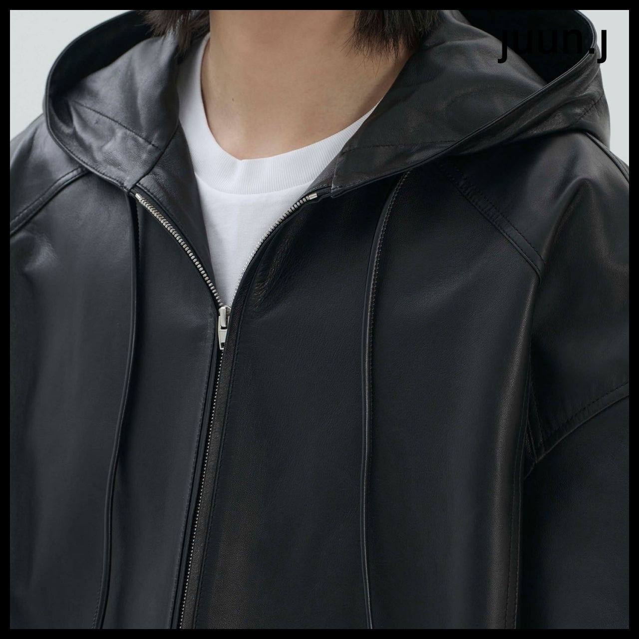 【JUUN.J】Leather Hood Zip-Up Jumper Black