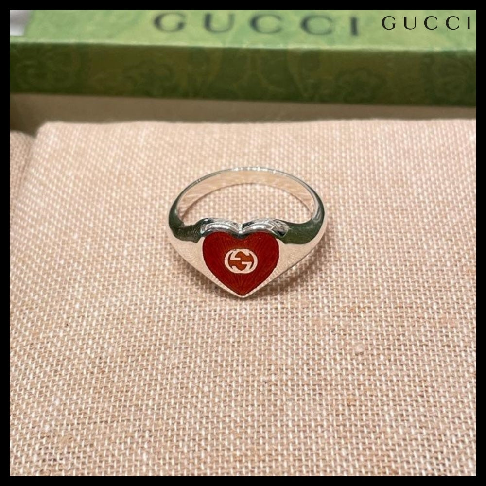 【GUCCI】Interlocking G Enamel Heart Ring Silver Red