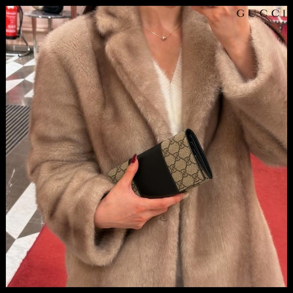 【GUCCI】Supreme Canvas Leather Flap Long Wallet BEIGE BLACK