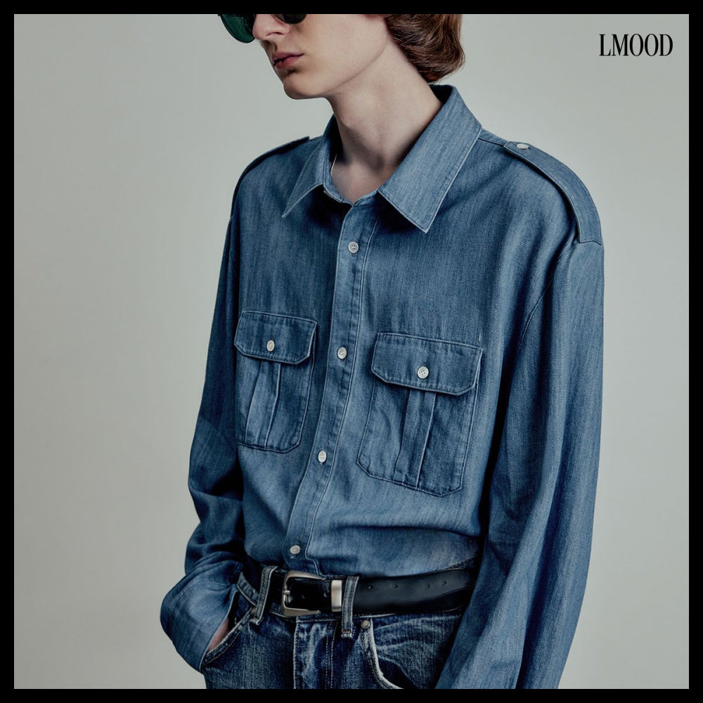 【LMOOD】Huntington Tencel Denim Military Shirt ChambrayBlue