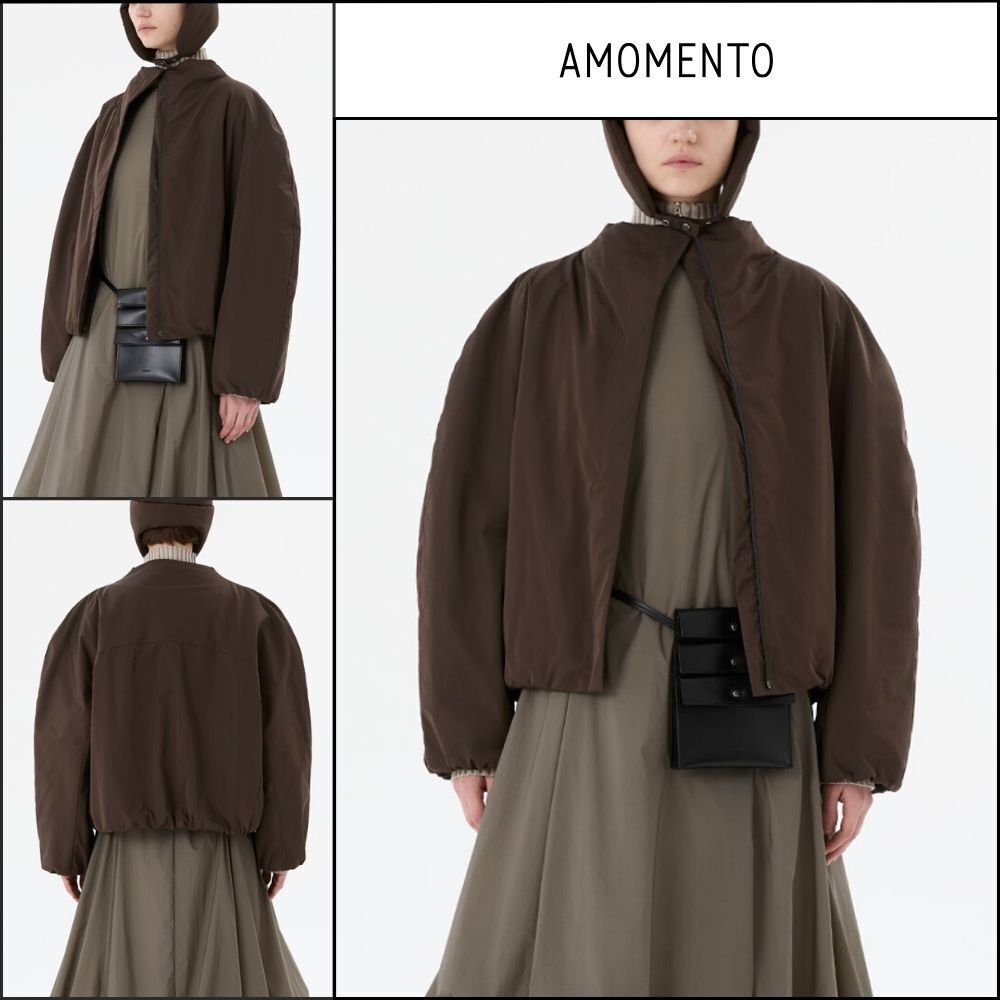 【AMOMENTO】Taffeta Padded Raglan Short Jumper Brown