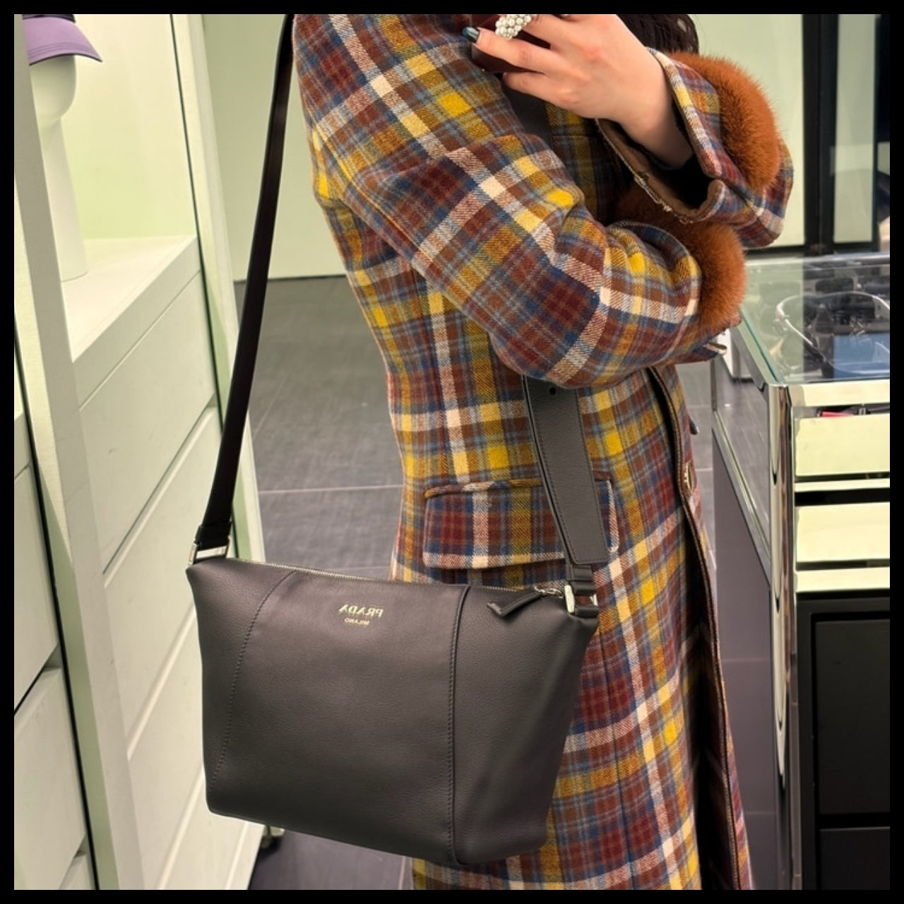 【PRADA】Soft Grained Leather Zipper Crossbody Bag BLACK