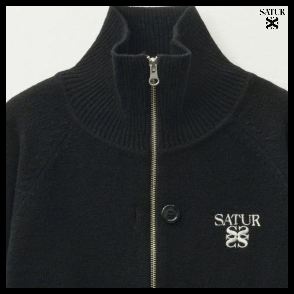 【SATUR】Women's Signature Logo Cashmere Blend Knit Zip-Up