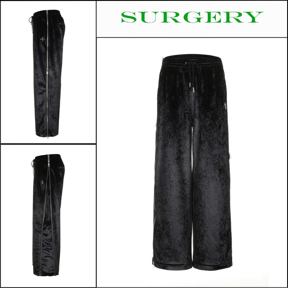 【SURGERY】Side Zip Velvet Wide Track Pants Black