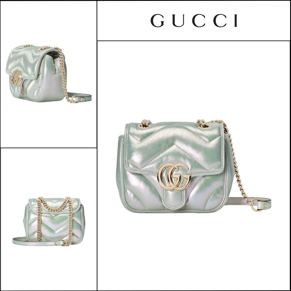 【GUCCI】GGMarmont2ChevronQuiltedNappaFlapBagIrideSalvyGreen