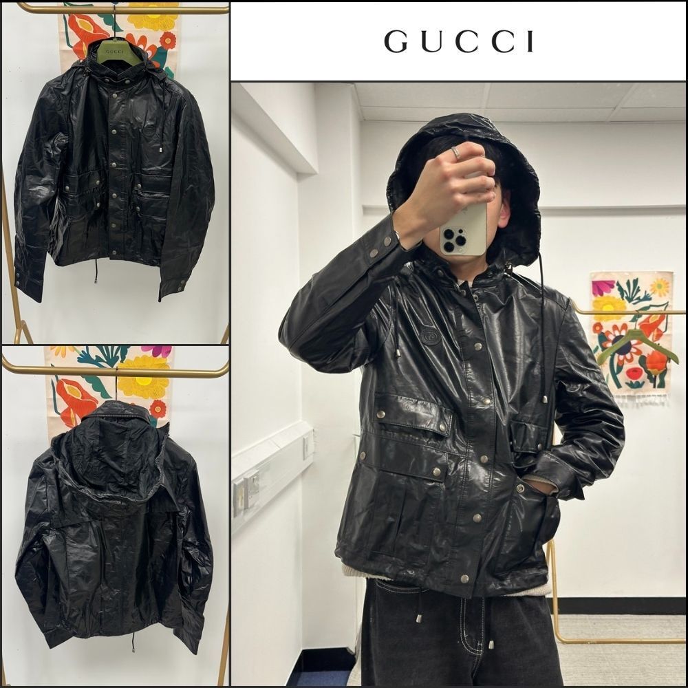 【GUCCI】Interlocking G Calf Leather Hooded Jacket Black