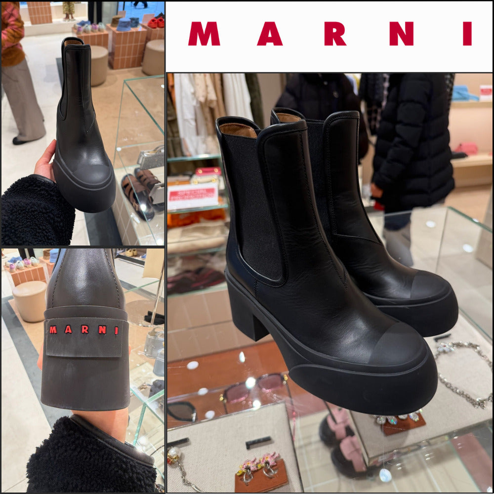 【MARNI】Logo Leather Women’s Chelsea Boots Black