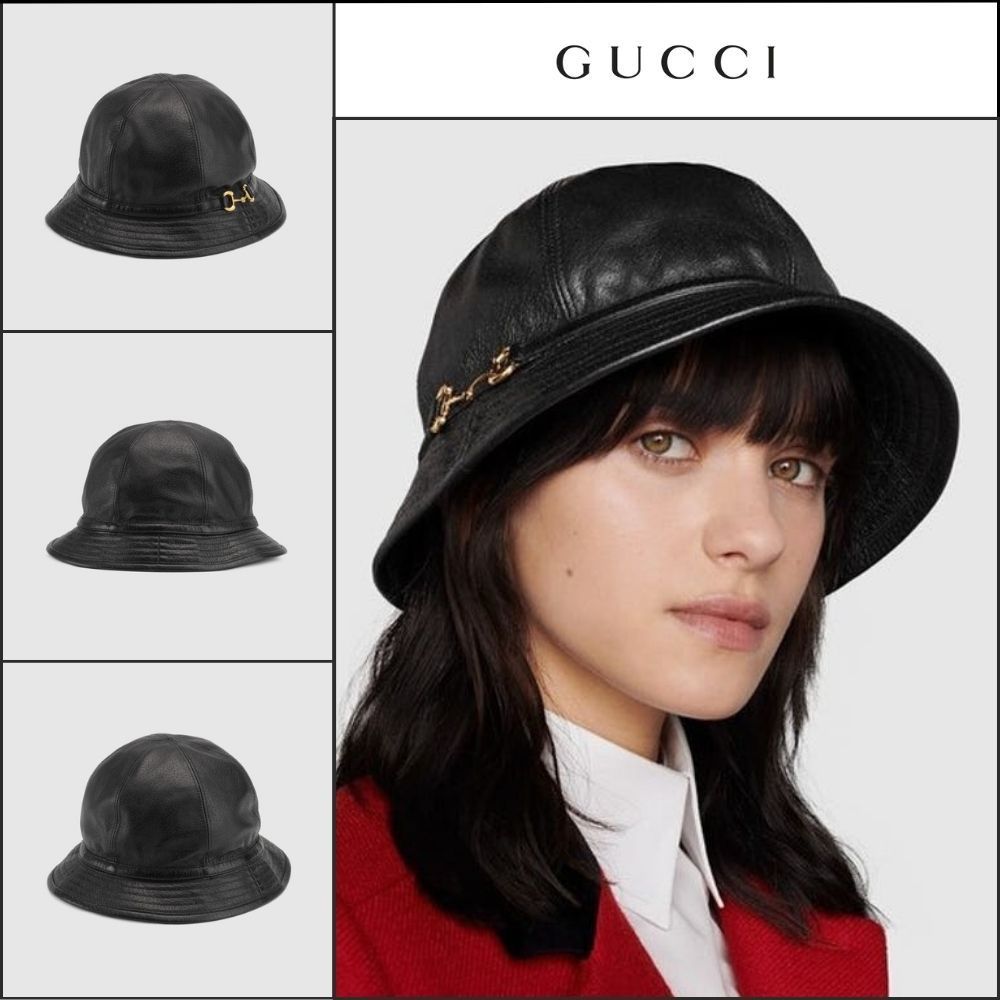 【GUCCI】 レザー ホースビット バケットハット ブラック